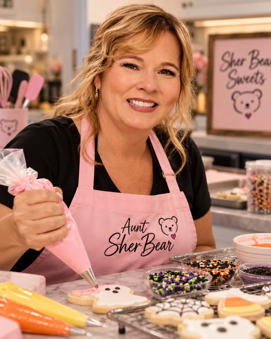 Aunt SherBear in her pink baking apron